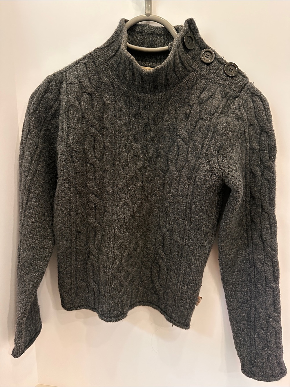 Burberry Charcoal Cable-Knit Turtleneck Sweater with Shoulder Buttons